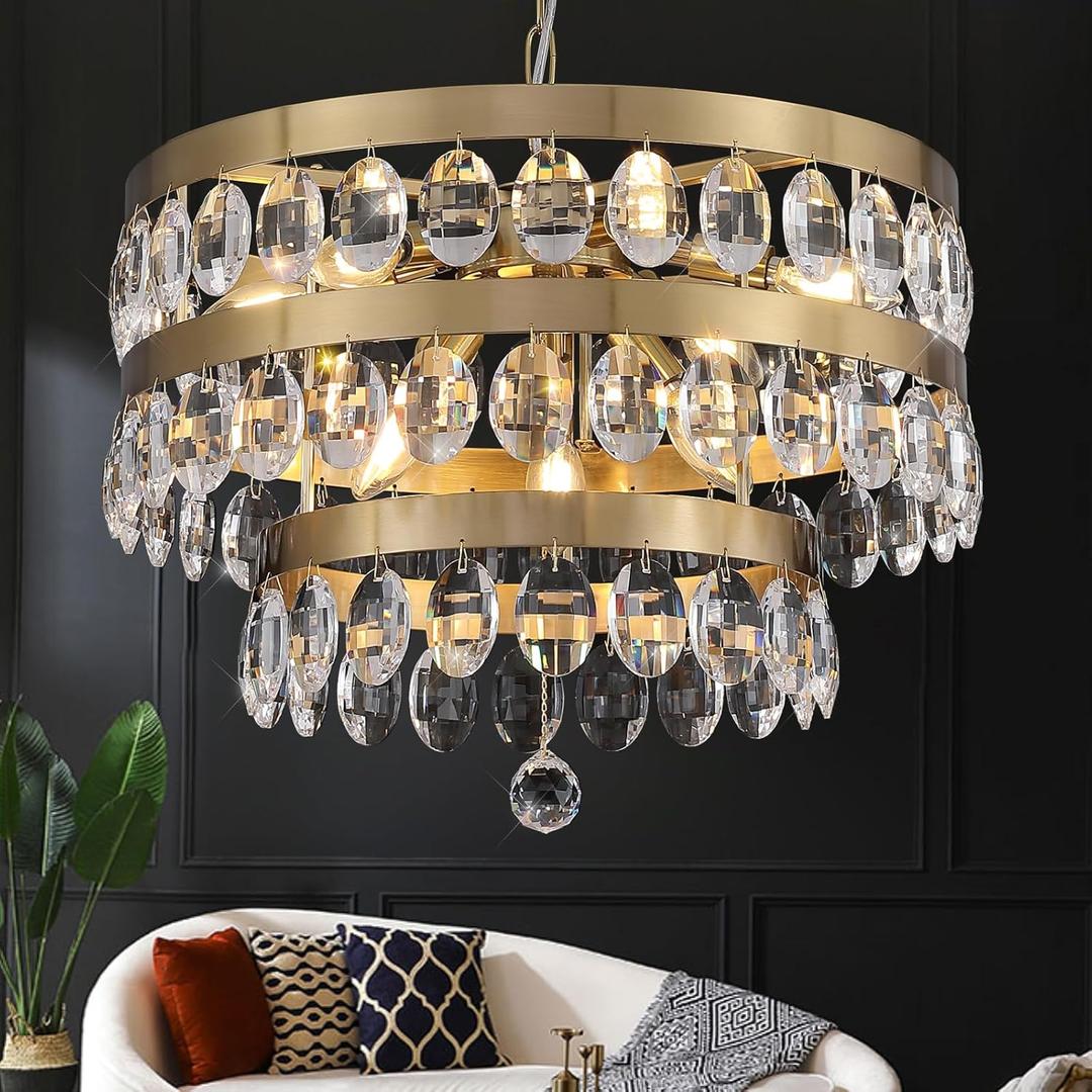 Gold Crystal Chandelier 20'' Modern Raindrop Chandeliers for Dining Room 3 Tiers Round Ceiling Pendant Lights Fixtures Luxury Flush Mount Chandelier for Foyer Living Room Entryway Bedroom