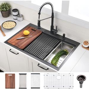 33 Inch Black Drop In Kitchen Sink Workstation - VOKIM 33x22-Inch Drop In Sink Stainless Steel Top Mount 16 Gauge Single Bowl 10'' Deep Handmade Kitchen sink with Cutting Board& Strainer