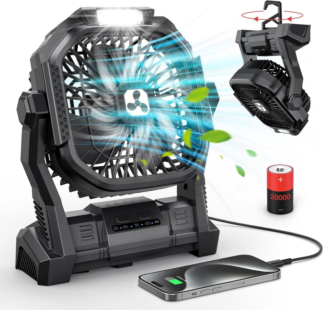 ONLYNEW Portable Fan Rechargeable, 20000mAh Cordless Battery Powered Fan with LED Lantern, USB C Battery Operated for Travel Bedroom Home Camping Tent Office Beach Desk Fishing Table