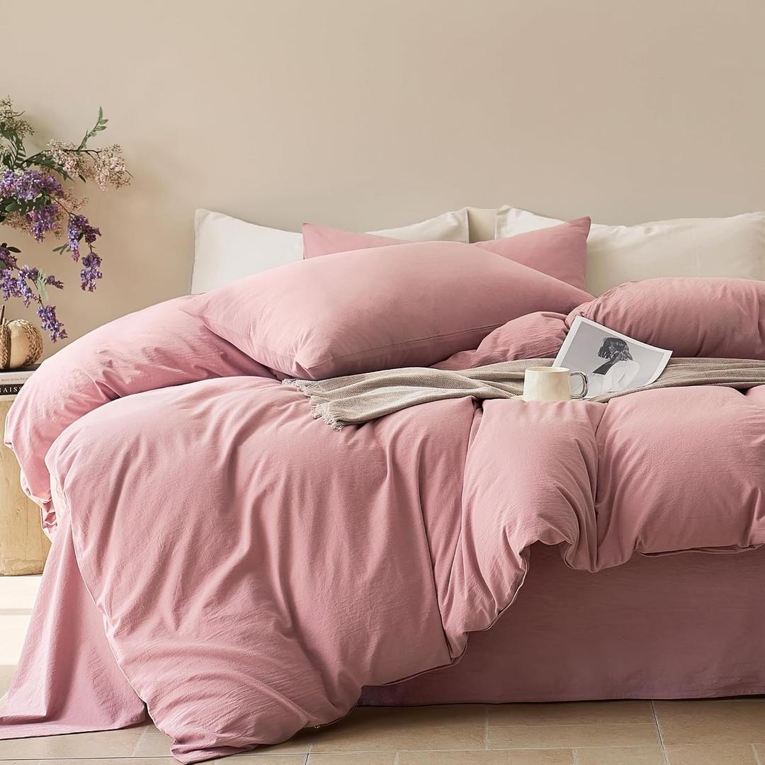 JELLYMONI Duvet Cover Queen Size - 100% Washed Cotton Comforter Cover with Linen-Like Texture, Breathable & Soft Bedding for Modern Home, Guest Room and Everyday Use,1 Duvet Cover & 2 Pillowcases