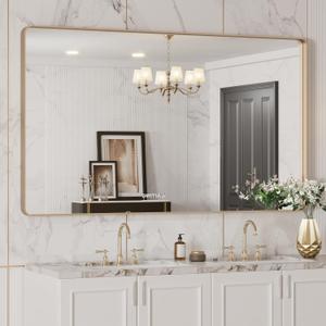 LOAAO 50X30 Gold Bathroom Mirror, Rounded Rectangle Gold Frame Mirror, Brushed Gold Bathroom Vanity Mirror Wall-Mounted, Anti-Rust, Tempered Glass, Hangs Horizontally or Vertically
