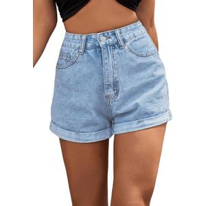 SweatyRocks Women's High Rise Roll Up Hem Straight Leg Denim Jean Shorts with Pocket (Light Blue) S