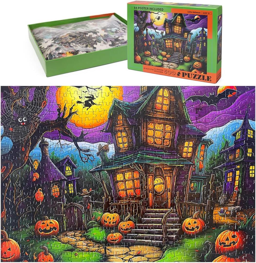 Halloween Jigsaw Puzzles with 1:1 Reference Poster, 20.4  14.4inch for Adults and Kids - 500 Pieces Puzzles, Haunted House Educational Games Gift for Elders Children Family, Friends
