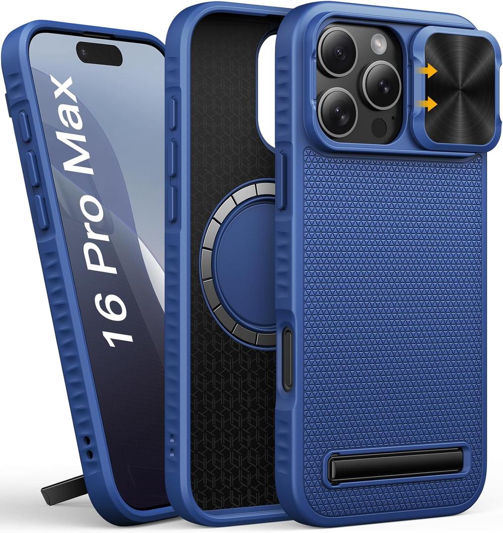 for iPhone 16 Pro Max Case Slim with Stand, Rugged Military Grade Protection, Slide Camera Cover, Compatible with MagSafe, Heavy Duty Men Women Magnetic Phone Case for iPhone 16 Pro Max, Blue