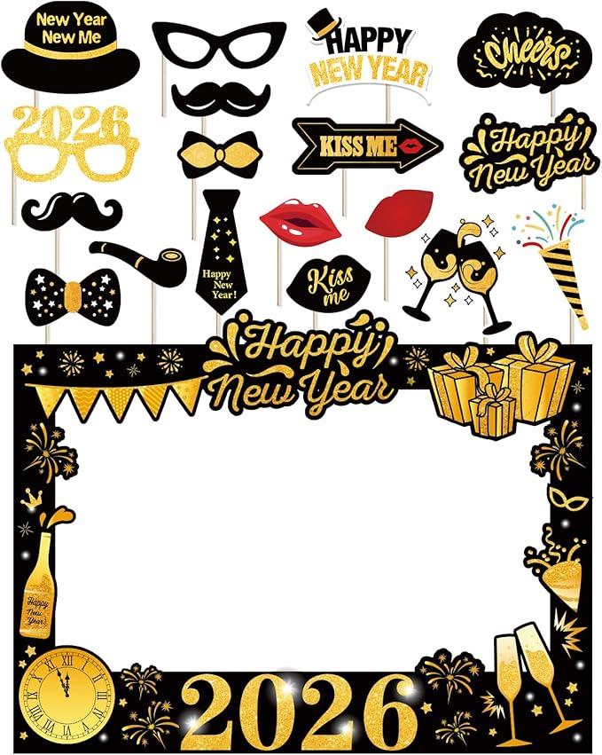 New Years Eve Party Supplies 2026  NYE Photo Booth Props Kit with Glitter Photo Frame, 2026 Glasses & Mustache (Pack of 19)