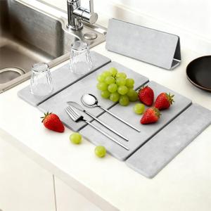 Stone Dish Drying Mat for Kitchen Counter24x16 Collapsible Diatomaceous Earth Mats Quick Drying Absorbent Dish Mat,Non-Slip Countertop & Bath Mat for Dishes Cups Bottles,Light Gray