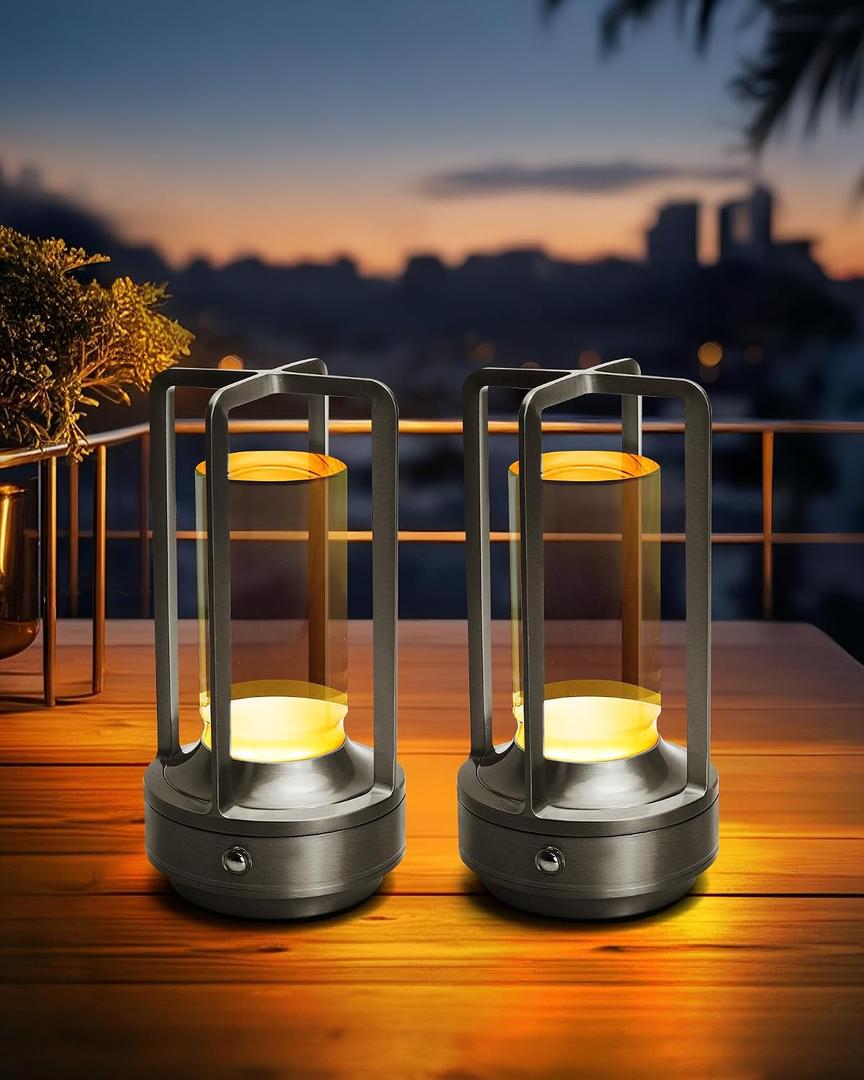 Set of 2 Cordless Table Lamps, LED Rechargeable Battery Operated Desk Lamps with 3 Color Stepless Dimmable, Small Light Portable for Outdoor Patio Bar Restaurants Bedroom Bedside (Silver)