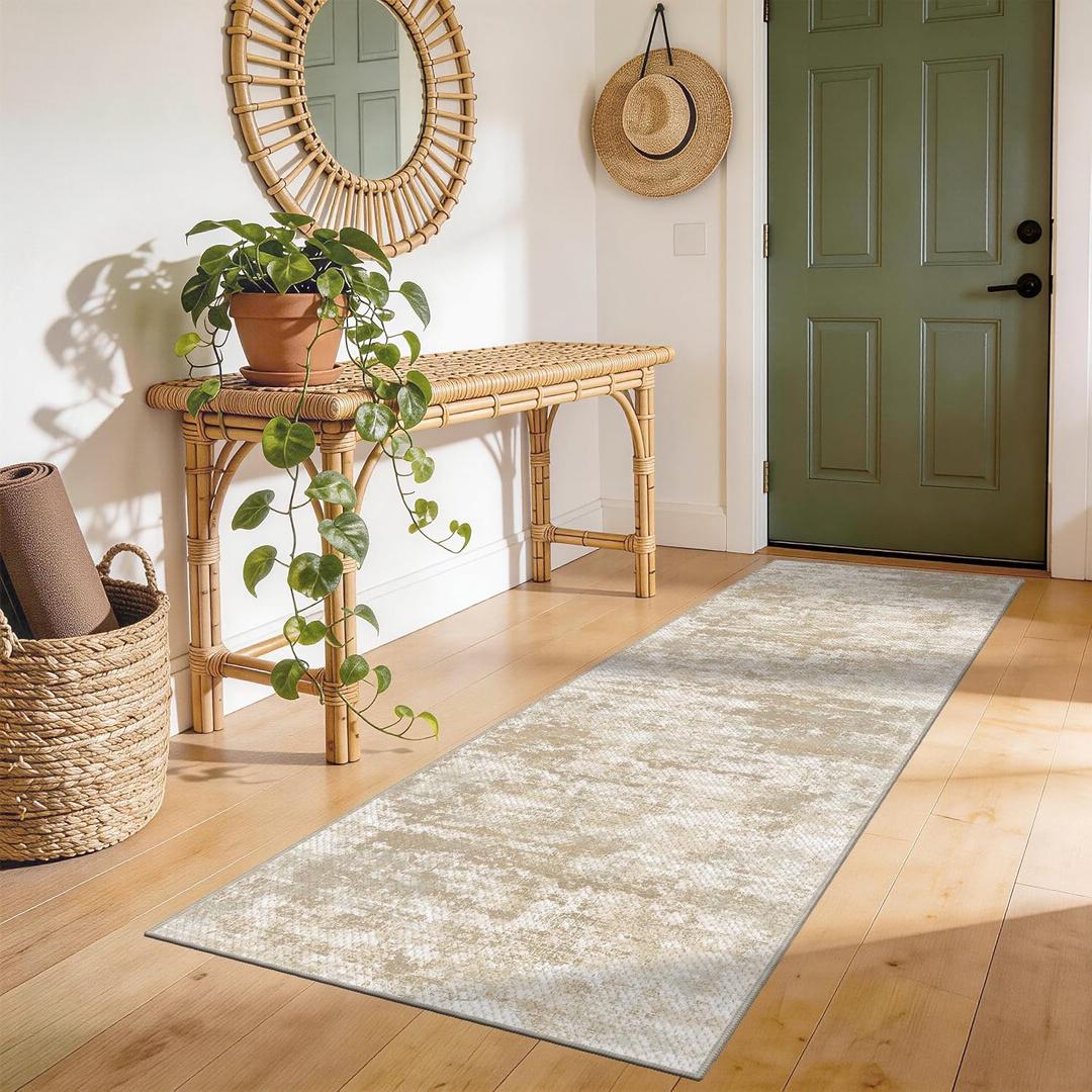 Abstract Washable Runner Rug 2x6, Hallway Rug Non-Slip, Woven Non-Shedding Thin Runners for Entryway, Kitchen, Laundry Room, Beige&Yellow