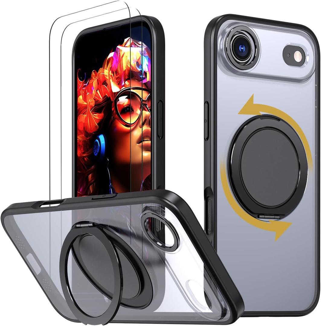 for iPhone Air Case, with 2 Tempered Glass Film, 360 Spin Magnetic Stand, Compatible with Magsafe, Military-Grade Drop Protection Case, Black