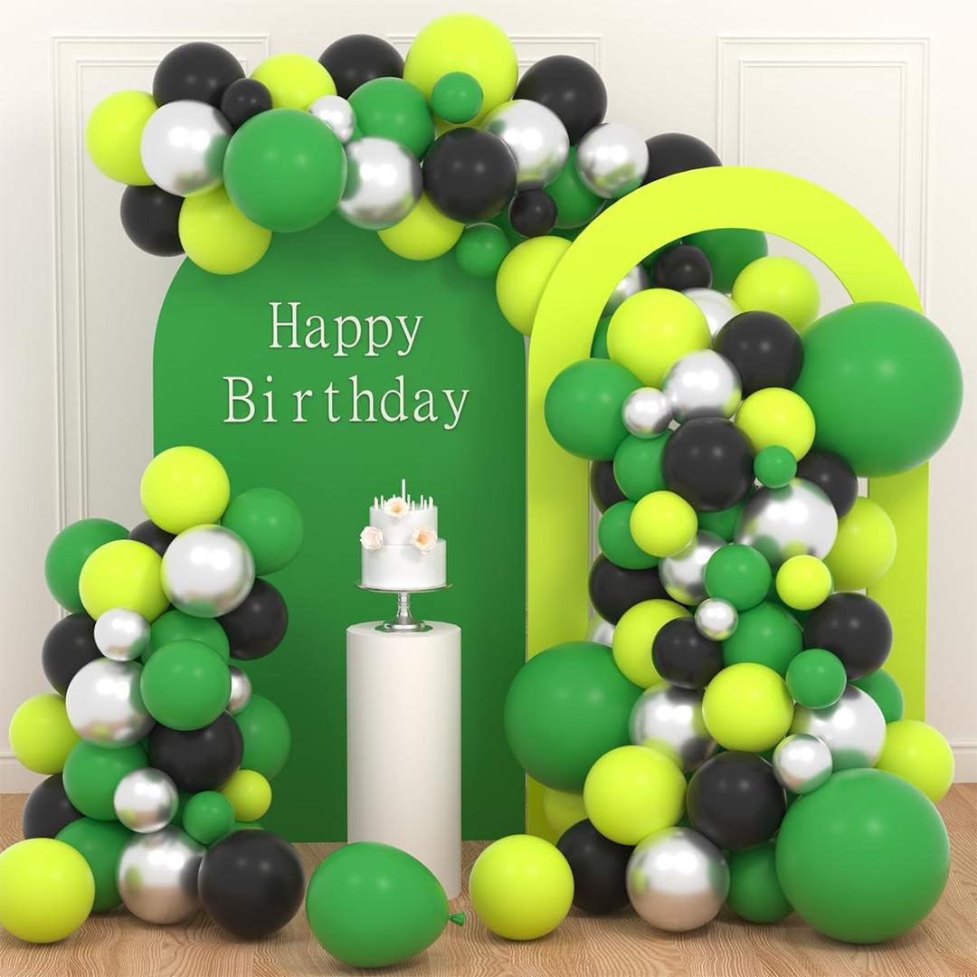 2 x Lime Green Black Silver Balloon Garland Arch Kit - Green Black Balloons Saint Patrick's Day Balloons for Birthday Baby Shower Graduation Soccer Video Game Jungle Safari Party Decorations