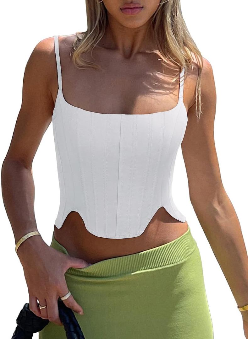 REORIA Women's Sexy Square Neck Trendy Sleeveless Adjustable Spaghetti Strap Corset Tank Crop Tops (White), S