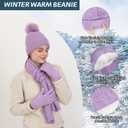 Double Couple 3pcs Winter Women scarf and hat and Touch Screen Gloves Set for Women Knit Hat with Faux Fur Ball Scarves Glove (Purple)