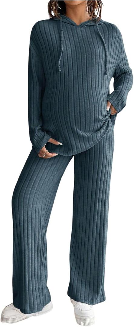 MakeMeChic Women's Maternity 2 Piece Outfits Lounge Set Ribbed Knit Long Sleeve Hoodie and Pants Pregnancy Set (Large, Blue)