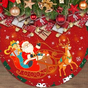 48 Inch Christmas Tree Skirt, Vintage Santa Snowflake Red Tree Skirt for Indoor Outdoor Home Winter Merry Xmas Holiday Party Decorations