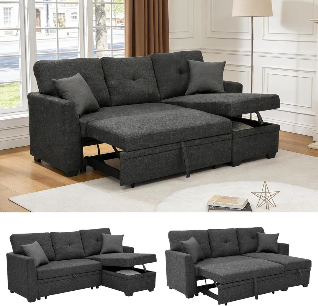 Sectional Sleeper Sofa with Pull Out Bed, L Shape Convertible Linen Couch with Storage Chaise, 2 in 1 Pull Out Sofa Bed with 2 Seats, for Living Room, Apartment, Charcoal Black