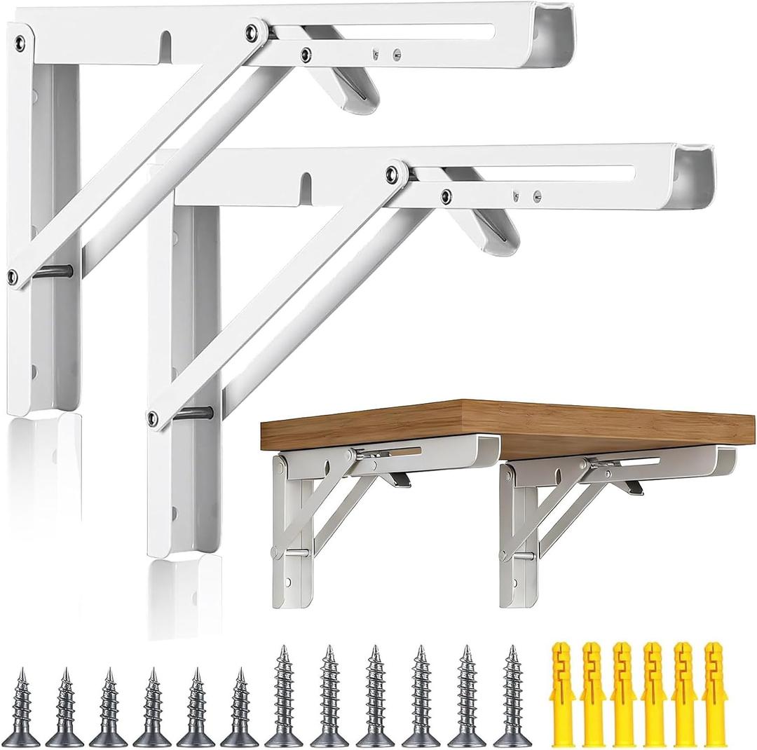 2 Pcs 16 Inch White Folding Shelf Brackets, Collapsible Heavy Duty Shelf Bracket Wall Mounted for Table Bench, DIY Wall Table Hinges with Screws, Space Saving, Max Load 330 lb