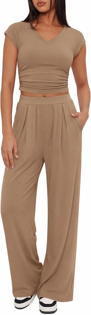 BTFBM Womens 2 Piece Outfits Spring 2026 V Neck Cap Sleeve Ruched Top Wide Leg Pants Sets Rib Knit Lounge Matching Set (M)