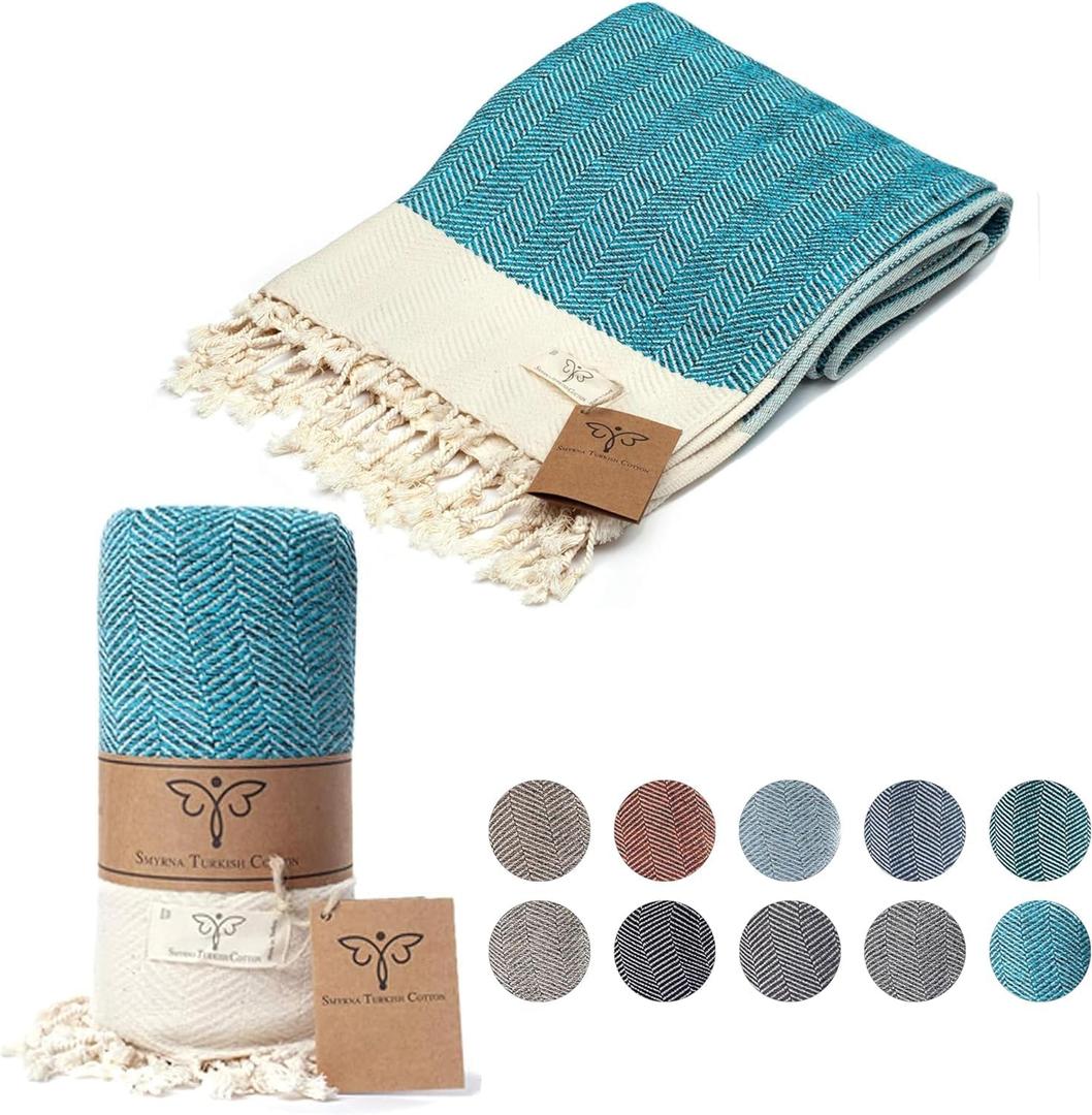 SMYRNA TURKISH COTTON Herringbone Series Large Throw Blanket 60 x 80 inches Large, Outdoor Blankets, for Couch, Sofa, Bed, Chair, Beach Picnic, Travel Boho Turkish Blanket Throw, Turquoise (Medium)