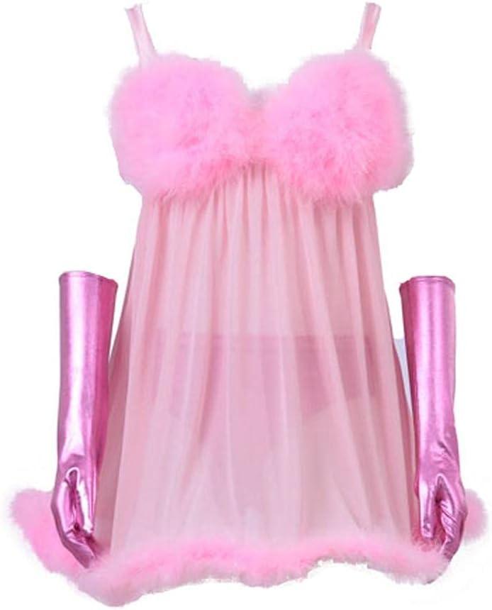 CosplayDiy Women's Cosplay Pink Fembot Costume Dress Women's Sexy Robot Costume Feather Lingerie Set Adult