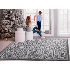 Antep Rugs Alfombras Non-Skid (Non-Slip) 5x7 Rubber Backing Floral Geometric Low Profile Pile Indoor Area Rugs (Gray/Black, 5' x 7') (Grey)