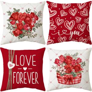 3 x Valentine's Day Throw Pillow Covers, 18 x 18 Inch Red Heart Mason Jars Roses Diamond Lattice Hello Valentine Love You More Decorative Pillowcases for Sofa Couch Set of 4