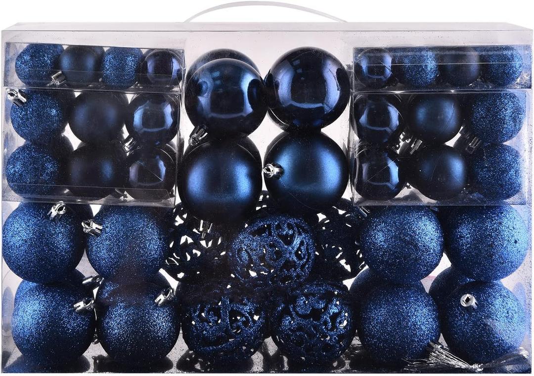 Christmas Balls Tree Ornaments Set, Shatterproof Xmas Decorations Set with Reusable Hand-held Gift Package for Holiday Indoor Tree Decor (100Pcs, Dark Blue)