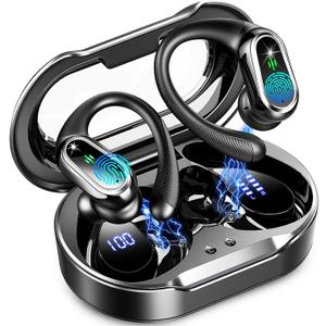 Wireless Earbuds, 2025 Bluetooth 5.4 Headphones Sport, 50Hrs HiFi Stereo Deep Bass Over-Ear buds with ENC Noise Cancelling Mic, IP7 Waterproof & LED Display Earphones with Earhooks for Workout/Running (Eternal Black)
