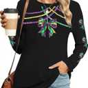 MAXIMGR Mardi Gras Sweatshirt Women Sequin Fat Tuesday Sweater Masks Graphic Shirt Carnival Crewneck Long Sleeve Tops (Black, XL)