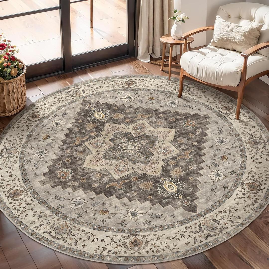 Tangsoo Vintage Round Rug 4ft Washable Circle Rug, Non Slip Small Boho Round Rug, Low Pile Circular Rugs, Round Carpet for Bedroom,Entryway,Nursery,Dorm,Kitchen,Grey/Multi