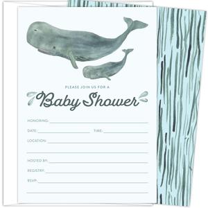 Koko Paper Co Whale Baby Shower Invitations | 25 Fill-in Invitations and Envelopes | Printed on Heavy Card Stock.
