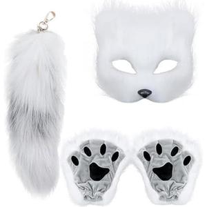 YXCFEWD Cat Mask Therian Tail with Paws Furry Halloween Therian Gear Stuff Wolf Fox Costume for Cosplay Over 1 years Old (White)