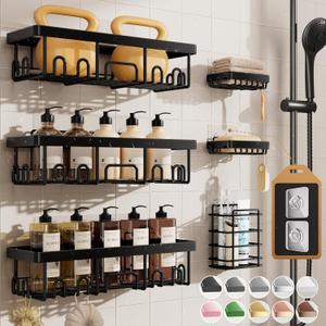 Veken Rustproof & Waterproof Shower Caddy 6-Pack, No Drilling Adhesive Shelves Rack with Soap Holder, Large Capacity Bathroom Organizers and Storage, Wall-Mounted Kitchen & Home Decor (6-Piece Set (Rustproof Upgrade), Black)
