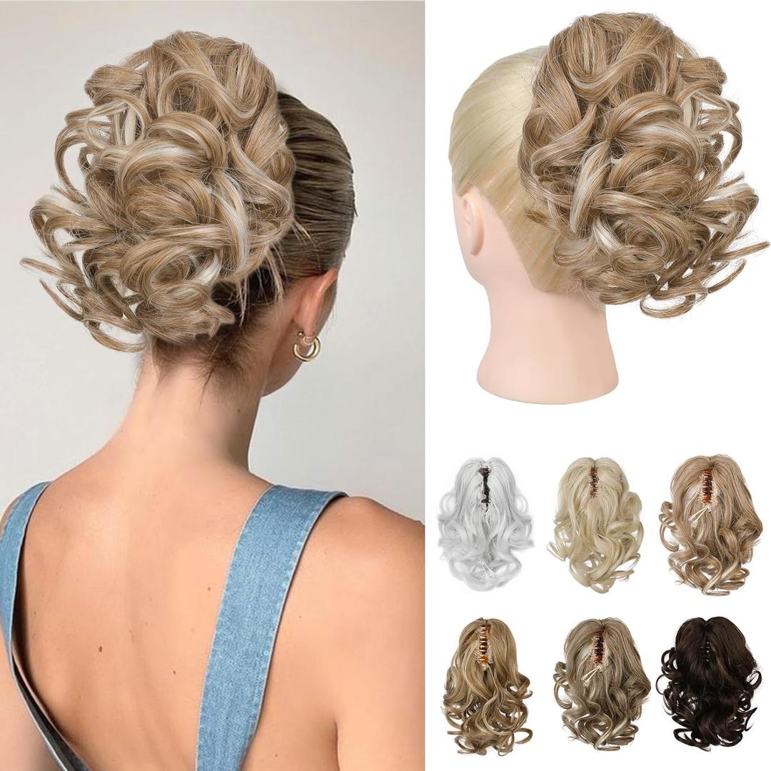 REECHO 9" Short Ponytail Extension, Classic Loose Curly Wavy Claw Clip Pony tails Hair Extensions HP001 Hairpieces for Women - Honey Blonde with Highlights