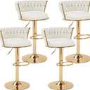 VECELO Bar Stools Set of 4, Modern Luxury Velvet Woven Counter Height Stools with Back and Arm, Gold Metal Leg & Base, 360 Swivel Bar Chair for Pubs Dining Room, White