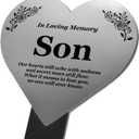 Son Heart Memorial Remembrance Plaque Stake - Metallic SILVER/GOLD Acrylic, Waterproof, Outdoor, Grave Marker, Tribute, Plant Marker. Shipped Globally. (Silver)