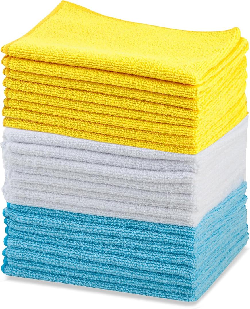 Amazon Basics Microfiber Cleaning Cloths, Lint Free, Absorbent, Streak Free, Non-Abrasive, Reusable and Washable, Pack of 24, Blue/White/Yellow, 16" x 12" (24-Pack)
