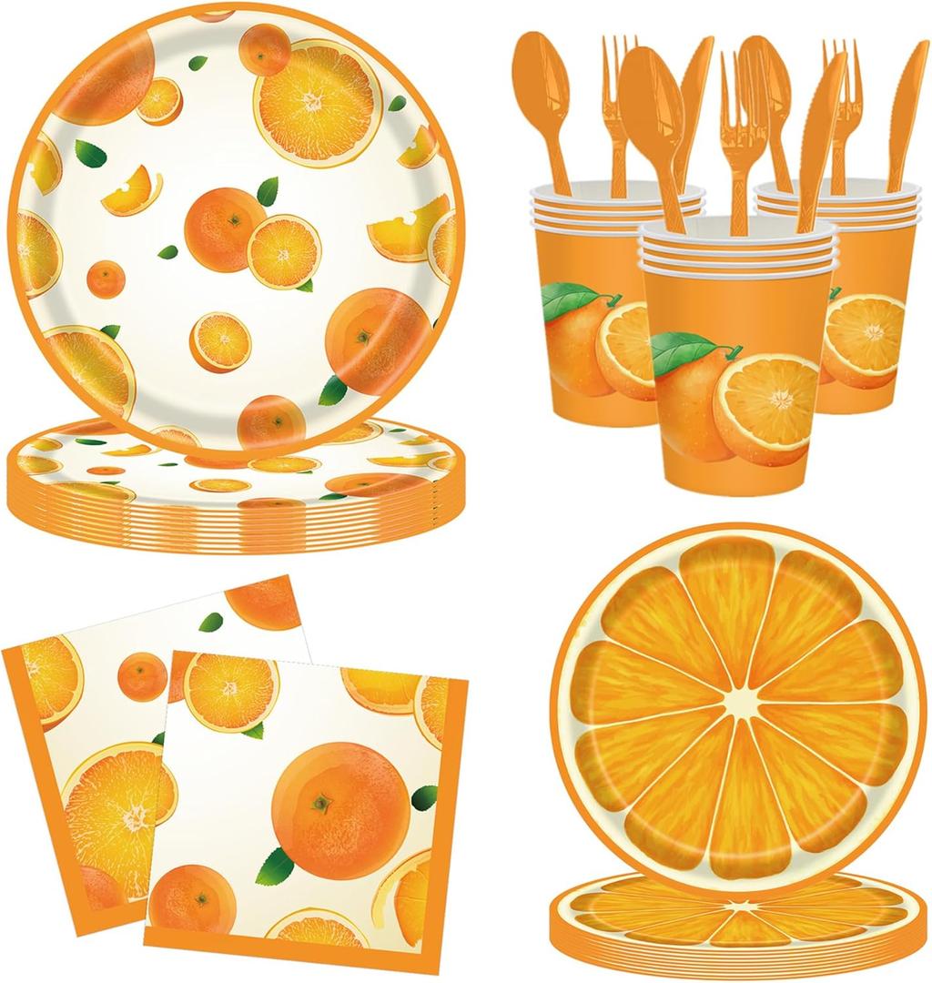 168 Pcs Orange Summer Fruit Party Supplies Birthday Decorations, Little Cutie Disposable Tableware Set, Includes Plates Cups Straws Napkins Knifes Spoons Forks, Serves 24 Guests