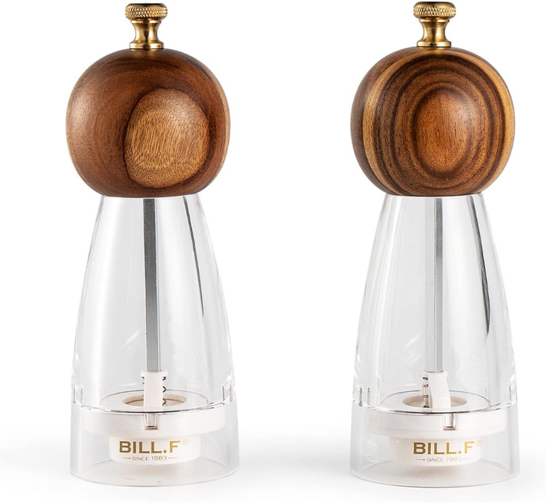 Wood Salt and Pepper Grinders Refillable Set of 2 - Refillable Acrylic Salt Shaker or Pepper Shaker Two 5 oz Salt - Pepper Mill or Salt Mill - Spice Grinder - Easy Clean Ceramic Grinders