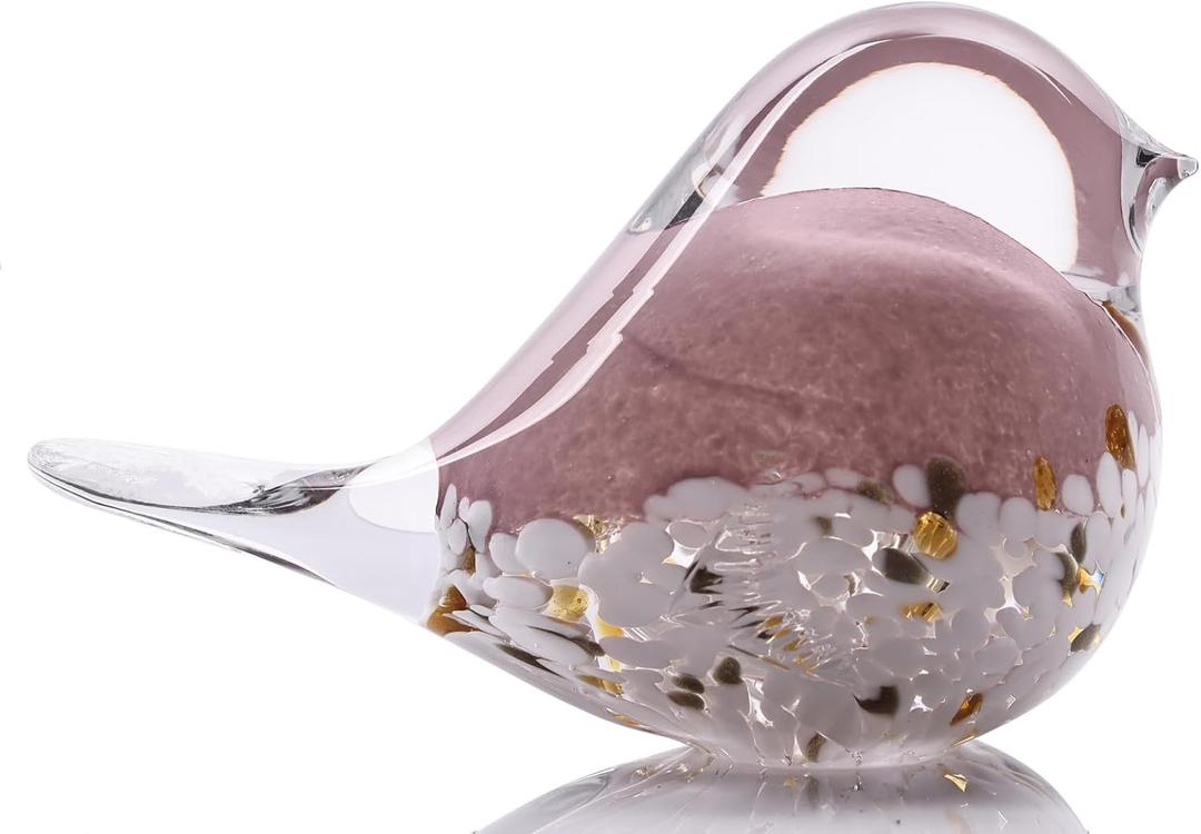 DOVDOV Hand Blown Glass Bird Statue Home Decor, Small Pink Glass Art Bird Sculpture for Office Desktop, Dresser entryway Decorative Ornament and Paperweight.