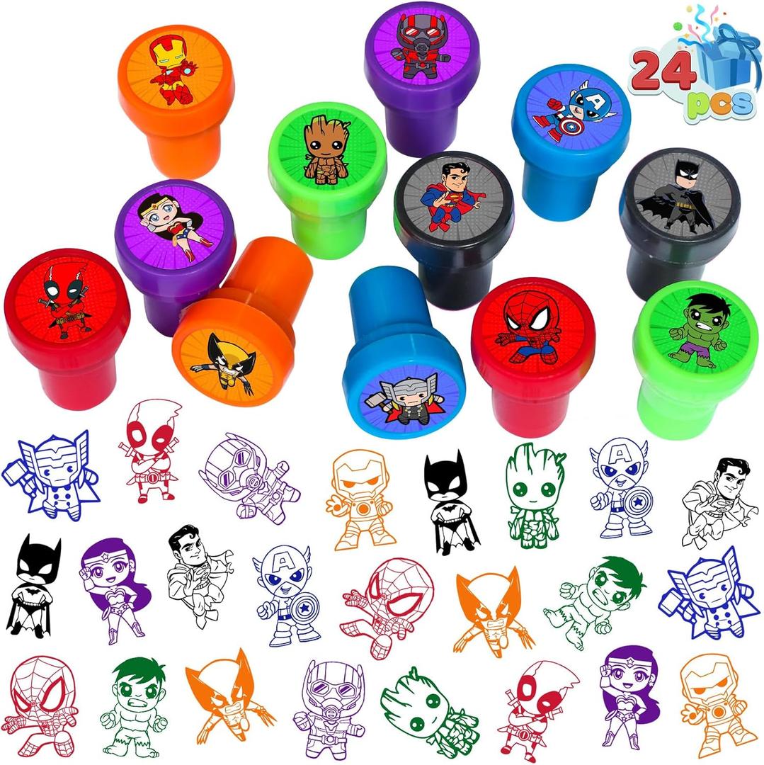 24 Pcs Superhero Themed Stampers, Superhero Birthday Party Supplies, Goody Bag Treat Bag Stuff for Superhero Birthday Party Gifts