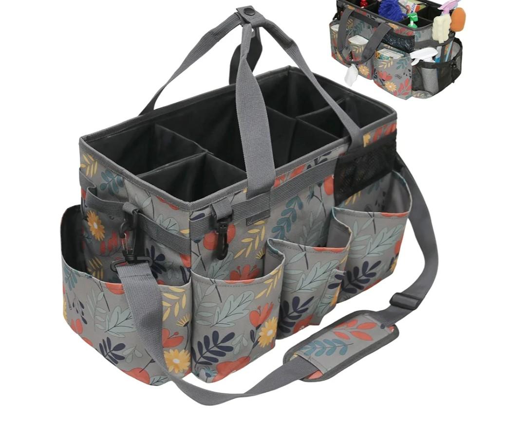 Wearable Cleaning Caddy Bag, Kitchen Supplies Organizer with Handle&Shoulder Strap, Under Sink&Car Cleaning Tool Tote with 4 Foldable Dividers for Housekeepers Cleaners (Grey Floral)