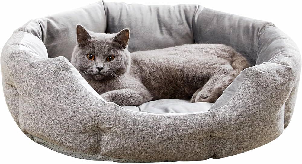 Made4Pets Cat Beds for Indoor Cats - Dog Beds for Small Dogs, Round Pet Bed for Puppy and Kitten, Washable Dog Bed with Anti-Slip Bottom, Removable Dual-Fabric Cushion for All Season, Gray