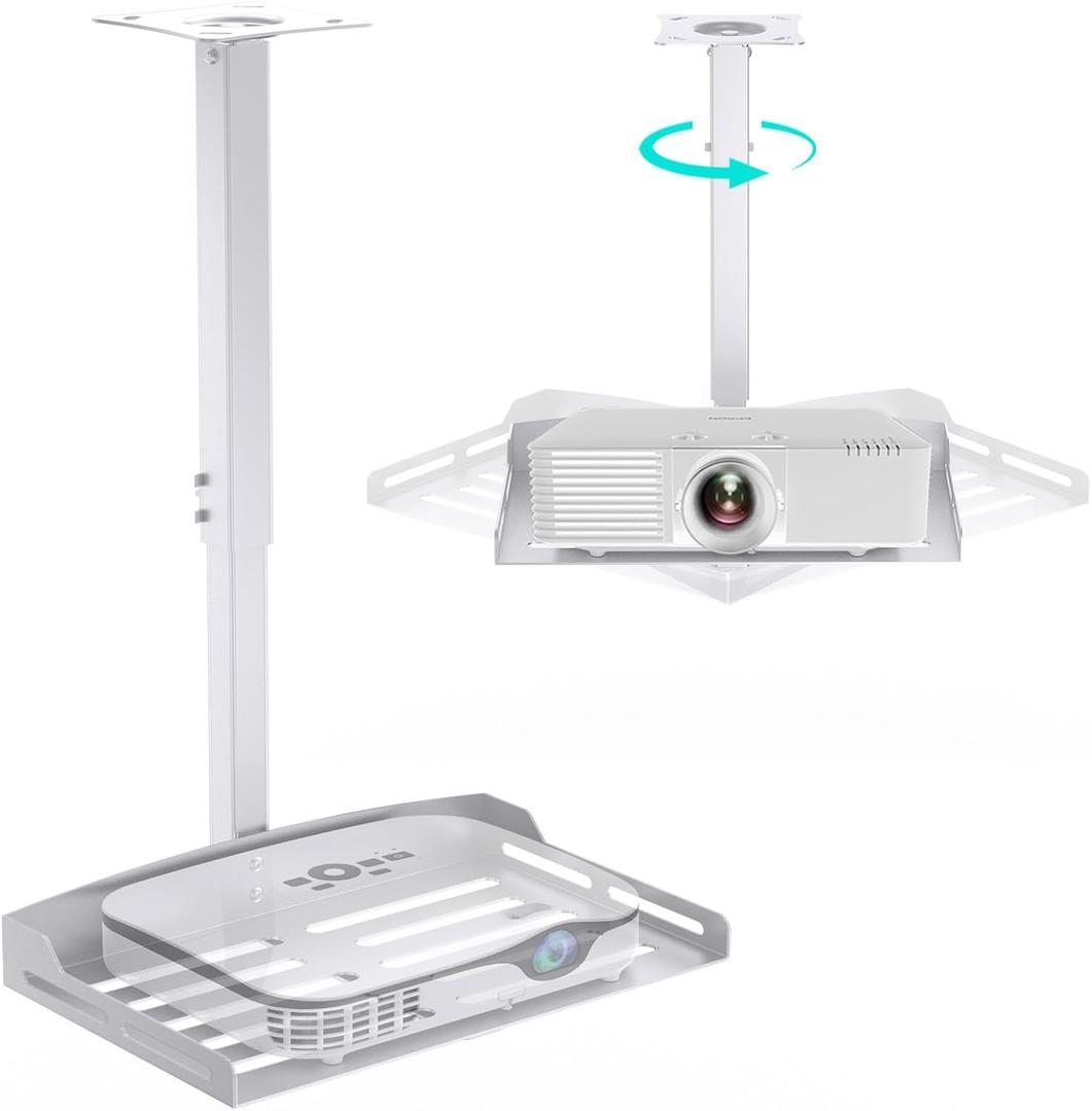 HISUNSING Universal Projector Ceiling Mount with Tray, Projector Mount Hidden Cable Routing, Height Adjustable up to 22.8 inches, Holds up to 11 lbs, Ideal for Home Theater and Office - White
