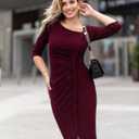 AISIZE Women's Retro 3/4 Sleeve Ruched Elegant Business Pencil Sheath Dress (L)