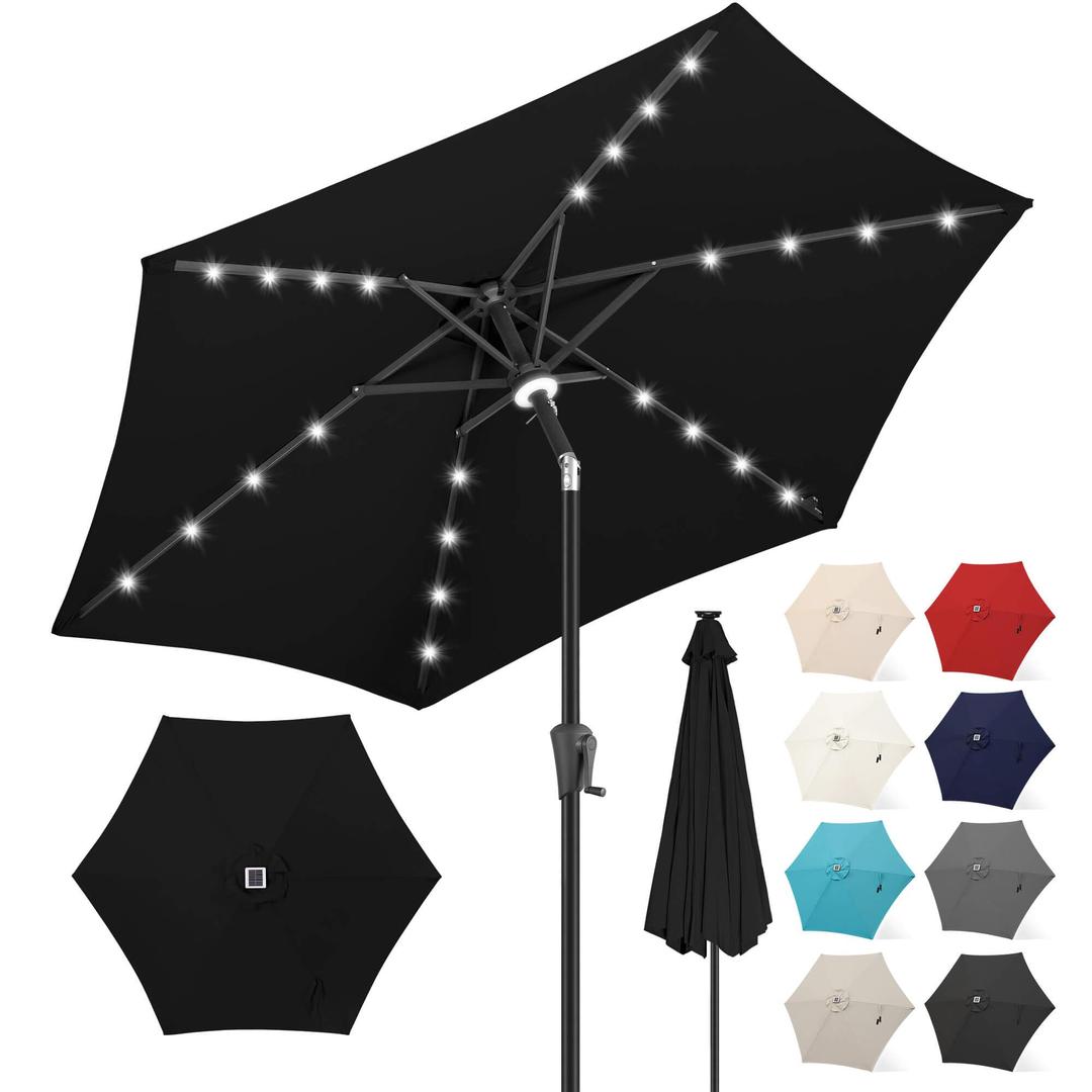 FLAME&SHADE Solar Patio Umbrella with Centre Light, 7.5 FT Black