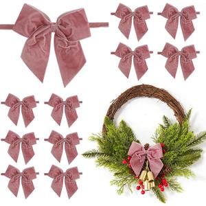 12 PCs Dusty Rose Velvet Ribbon Bow 5'' Pre Tied Bows, Pink Valentines Day Bows for Tree, Party Favor, Gift Wrapping, Premade Vintage Velvet Bow for Wreaths, Bouquets, Treat Bag