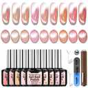 Gel Nail Polish Set, Cat Eye Gel Polish Kit, Holographic Reflective Magnetic Shimmer Glitter Nude Brown Pink Skin Tones Nail Art, Manicure Salon DIY Gifts, Soak Off, UV/LED Cured (9 Colors G)