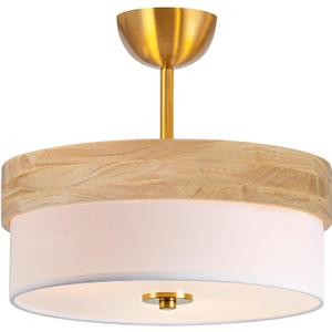 Bargeni Semi Flush Mount Ceiling Light Fixture,13 Inch Gold Light Fixtures Ceiling Mount, Natural Wood Trim with Cream White Fabric Shade, Modern Flush Mount Light Fixture for Bedroom,Hallway,Kitchen