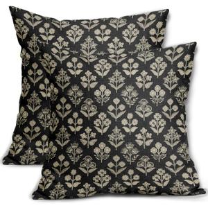 Black Floral Block Print Pillow Covers 16x16 Inch Set of 2, Vintage Flower Pattern Decorative Throw Pillowcases Outdoor Farmhouse Cushion Covers Spring Summer Rustic Sofa Couch Bed Decor
