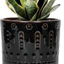 Ceramic Plant Pots - 6 Inch Ceramic Planter for Indoor Outdoor, Round Flower Pots with Drainage Hole and Plant Saucer, Boho Decorative Small Planter, House Decor, Gifts for Gardeners, Black